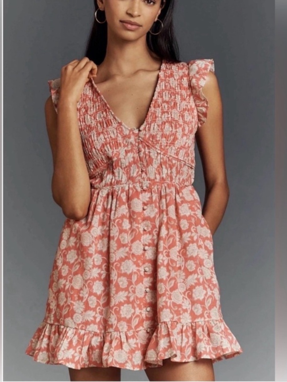 Anthropologie Floral Smocked Ruffle Mini Dress Pink White 1X Cottagecore NEW